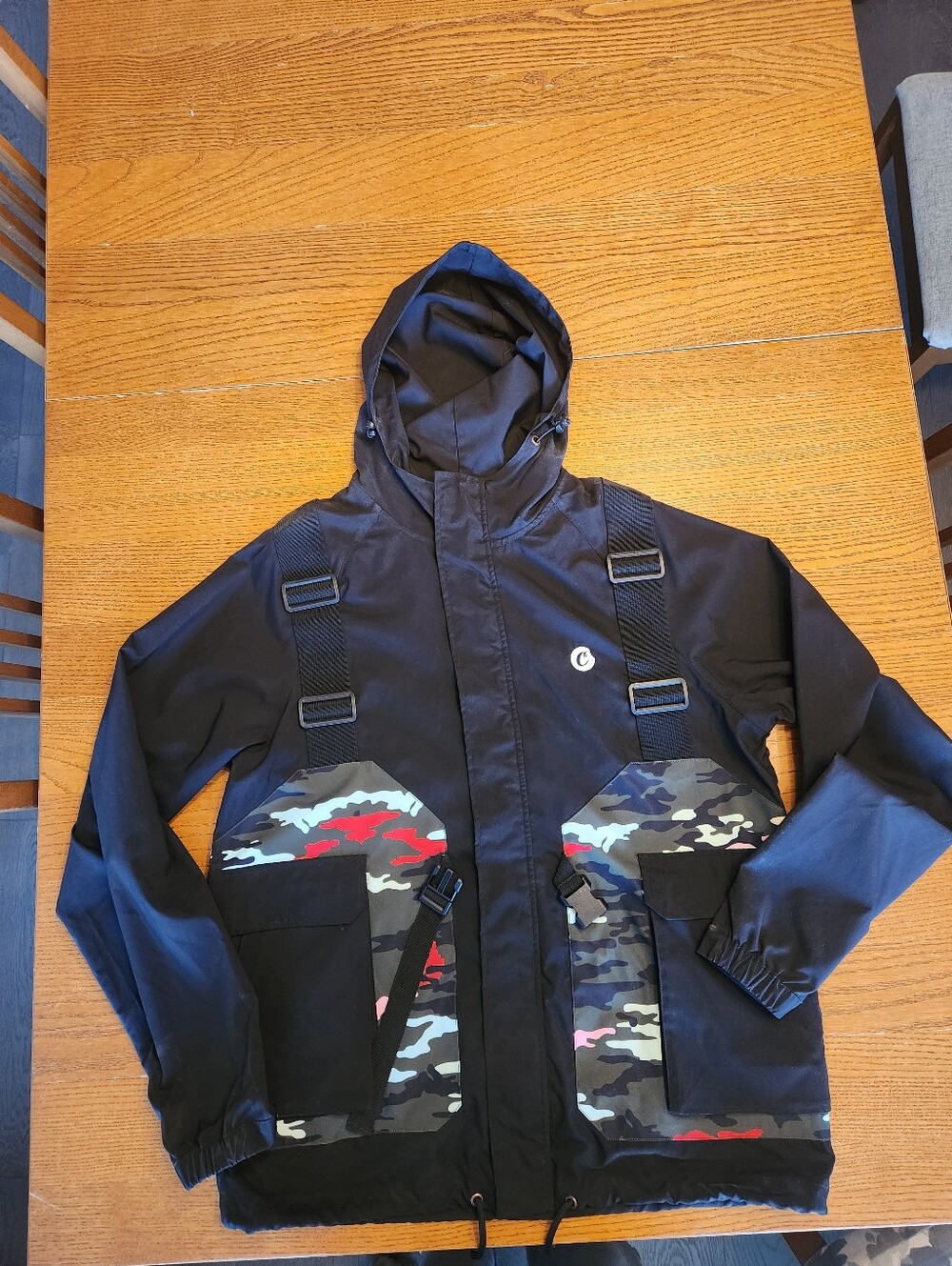 Cookies SF Mens Hooded Windbreaker Jacket Grey Black Multi Patch Streetwear M